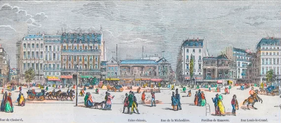 Boulevard des Italiens lado sur y Boulevard des Capucines lado sur - Rue de Choiseul - Bains chinois - Rue de la Michodiere - Pavillon de Hanover - Rue Louis-le-Grand - Grabado en “Tableau-de-Paris” de Edmond Texier 1852
