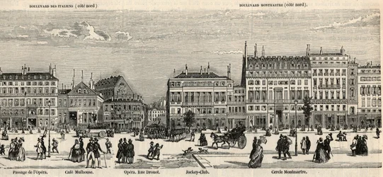 Boulevard des Italiens y boulevard Montmartre - Café Mulhouse - Cercle Montmartre - Jockey club - Grabado en “Tableau-de-Paris” por Edmond Texier 1852