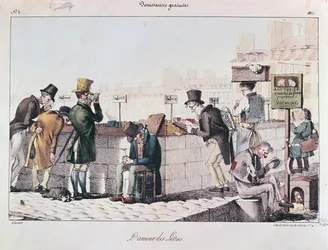 Bouquinistes a lo largo de las orillas del río Sena en París, principios del siglo XIX