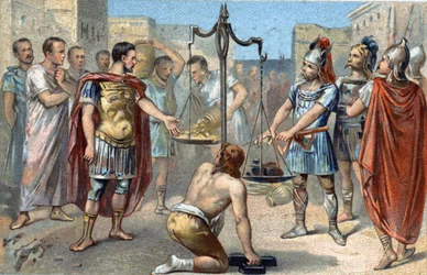 Brennus líder de la tribu gala de los Senones pronuncia el fatídico Vae victis (¡Ay de los vencidos!) arrojando su pesada espada en el plato de la balanza, que contrapesaba el tributo de oro que exigía a los romanos para levantar el sitio de la Ca