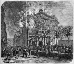 Brest, incendio del teatro el 11 de marzo de 1866, construido en 1766 por Choquart de Lindu, grabado según un dibujo de Clerget y Moraine y una fotografía de los hermanos Mage, en “El Universo Ilustrado”, 24/03/1866