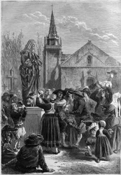 Costumbre bretona: “festar goadgennon” o “la fiesta de los budines”. Los habitantes de un pueblo cubren con calcetines una estatua de San Antonio el Grande (o San Antonio el Ermitaño o San Antonio el Abad). Algunos agricultores traen una cabeza de cerdo. G