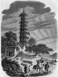 Arquitectura budista: vista exterior de la Pagoda Octagonal en la Isla Whampoa, China.