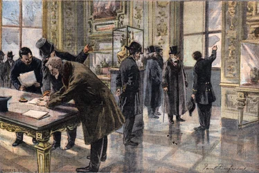 Intento de robo en el museo del Louvre, en París, Ilustración del periódico francés Le Petit Parisien, 2 de febrero