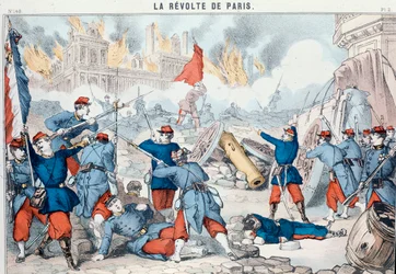Incendio y destrucción del Ayuntamiento de París por los comuneros, mayo de 1871(grabado de Epinal)