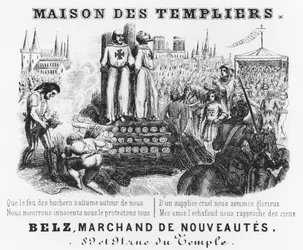 Quema de los Templarios, encabezado de factura de una tienda de telas, Maison des Templiers, Belz, rue du Temple, París, c.1840