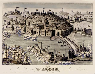 COLONIALISMO: El bloqueo de la ciudad de Argel por el ejército francés. 1830 (grabado en color)