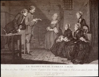El asunto Calas: La desgraciada familia de Jean Calas (muerto en 1762): la madre, las dos hijas, con Jeanne Viguiere, su buena criada, el hijo y su amigo, v.1762.