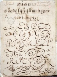Caligrafía: Pieza manuscrita de redonda en vitela adornada con arabescos alrededor de 1813 por Sebastien Royllet. Biblioteca Histórica de la Ciudad de París