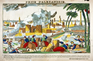 Campaña de Egipto (1798-1801): Captura de Alejandría por las tropas de Napoleón Bonaparte en julio de 1798. Imagen de Épinal