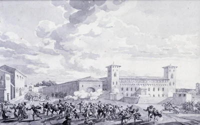 Campaña de Italia: vista de la revuelta de la ciudad de París contra la ocupación francesa en mayo de 1796. Dibujo anónimo. París, Museo del Louvre