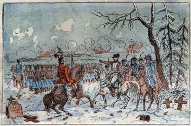Campaña de Prusia y Polonia (1806-1807): "Napoleón I (1769-1821) en el campo de batalla de Eylau el 08/02/1807 ordenó a Murat repeler la caballería rusa. Grabado del siglo XIX.
