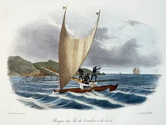 Canoa con vela de las Islas Vanikoro, Islas Salomón (archipiélago), grabado en color de Voyage of discovery of the Astrolabe undertaken by order of the king, during the years 1826-1829, por Jules-Sebastien-Cesar Dumont d