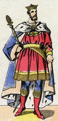 Dinastía capetiana: Retrato de Felipe I de Francia (1052-1108) Rey de los Francos de 1060 a 1108. Imagen de Épinal de finales del siglo XIX. Colección privada