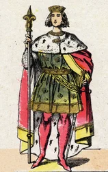 Dinastía capetiana: Retrato de Felipe IV de Francia, conocido como Felipe el Hermoso (1268-1314), Rey de los Francos de 1285 a 1314. Imagen de Épinal de finales del siglo XIX. Colección privada