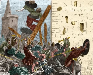 Captura de Carcasona durante la cruzada contra los albigenses en agosto de 1209. Grabado en "Histoire De France En Cent Tableaux" por Paul Lehugeur, 1891