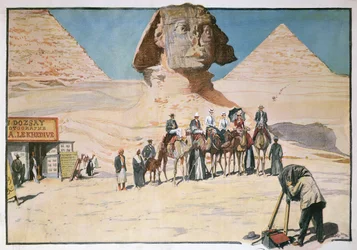 Caravana de turistas siendo fotografiada frente a la Esfinge en Giza
