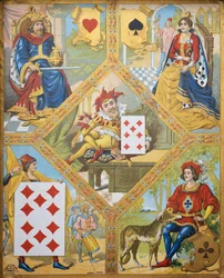 Juego de cartas, plato con Rey de corazones, Reina de espadas, Diez de diamantes y Jack de tréboles, enano Lindoro con Siete de diamantes en el centro, Francia