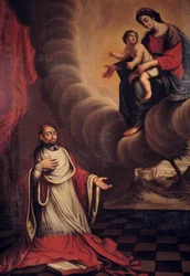 El cardenal Berulle (1575-1629) arrodillado ante la Virgen. Pintura de la escuela francesa. Siglo XVII. Colección privada
