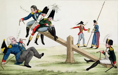 Caricatura que representa a Luis XVIII (1755-1824) Napoleón (1769-1821) y los Aliados en la época de los Cien Días en 1815