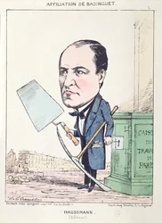 Caricatura del barón Georges Eugène Haussmann (1809-91) como ayudante de albañil, hacia 1870