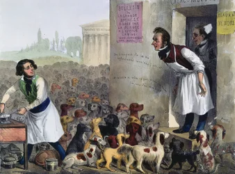 Caricatura de parisinos lidiando con perros rabiosos, c.1840