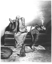Caricatura del Escritor Romántico buscando su inspiración en el Hachís, c. 1849