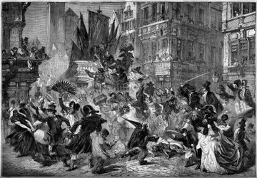 Escena de carnaval en las calles de Amberes (Bélgica) en 1860. Grabado en “Le Monde Illustré” n°151 del 3 de marzo de 1860.
