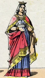 Dinastía carolingia: Retrato de Adelaida de Anjou también llamada Adelaida de Gévaudan o Blanca de Anjou (947-1026), reina de Francia, esposa de Luis V llamado el Holgazán (967-987). Imagen de Épinal de finales del siglo XIX. Colección privada.