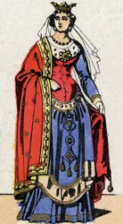 Dinastía carolingia: Retrato de Ermentrude de Orleans (ca. 830-869) Reina de los Francos esposa de Carlos II el Calvo (823-877). Imagen de Epinal de finales del siglo XIX. Colección privada.
