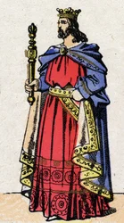 Dinastía carolingia: Retrato de Luis IV, conocido como Ultramar (921-954), Rey de los Francos de 936 a 954. Imagen de Épinal de finales del siglo XIX. Colección privada
