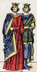 Dinastía carolingia: Retratos de Luis III (v. 863-882), rey de los Francos de 879 a 882 y de Carlomán II (867-884), rey de los Francos de 879 a 884. Imágenes de Epinal de finales del siglo XIX. Colección privada.