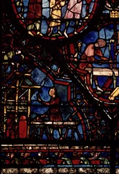 Carpinteros trabajando, detalle de la Vida de San Julián el Hospitalario en la ventana del deambulatorio norte