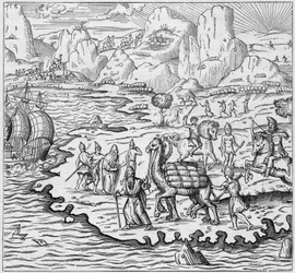 Transporte de mercancías por camello para cargar barcos que salen del puerto griego en Alejandría hacia Europa. Grabado en “La Marine et les colonies: commerce”