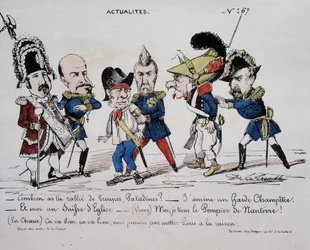 Caricatura sobre la Comuna “Noticias - ¿Cuántas tropas reuniste, Paladine? - Estoy trayendo una guardia del país. Y soy una iglesia suiza. - (Vinoy) Tengo al Bombero de Nanterre - (En el corazón) Está bien, está bien, finalmente pondremos a París en razón.
