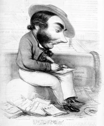 Caricatura de Eugène Sue escribiendo, rodeado de sus publicaciones en serie en la prensa - en “Le Charivari”, circa 1840
