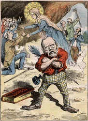 Caricatura del escritor Émile Zola (1840-1902) que está perplejo ante la devoción de los fieles en Lourdes, a pesar de su crítica del tema expresada en su novela 