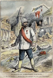 Caricatura del comandante Jean-Baptiste (Jean Baptiste) Marchand (1863-1934), en Toulon, regresando de una misión de exploración (1896-1899) en África. Grabado en "Le Pelerin" 4/06/1899
