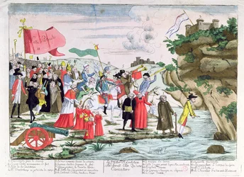 Caricatura ridiculizando al clero y aristócratas franceses que se refugiaron en Alemania durante la Revolución, c.1792