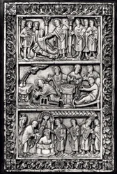 Placa tallada para una cubierta de libro que representa escenas de la vida de San Remigio (c.437-533) y el bautismo de Clodoveo I (465-511)