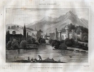 Castillo de Ivrea. Grabado de "Picturesque Italy" por M. de Norvins, Ch. Nodier 1834-1836.