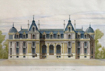 Castillo de Neuflize perteneciente a los Hermanos Pate, fachada del jardín, ilustración de Le Moniteur des architectes, 1884, grabado por F. Penel