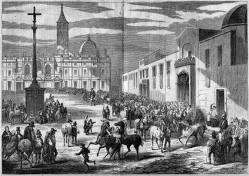 Fiesta católica - San Antonio: bendición de caballos en la plaza de la Iglesia de Santa María la Mayor (Santa Maria Maggiore), Roma, Italia, enero de 1859. Frente a la iglesia, una columna de granito coronada por una cruz (1595) conmemorando la conversión 