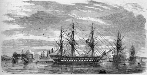 Fiesta católica: Viernes Santo en Toulon (Var, 83) en 1858. Los barcos tienen sus mástiles en cruz y sus banderas a media asta en señal de luto. Grabado en "Le Monde Illustré" n°53 del 17 de abril de 1858.