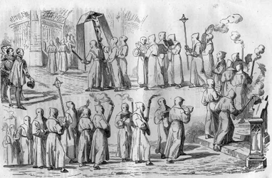 Diversión y supersticiones católicas. Procesión de Penitentes durante el ataque a Roma por el emperador Otón I el Grande (912-973). Grabado en "Histoire des Papes-Rois-Queen and Empereurs a travers les siècles" de Maurice Lachatre