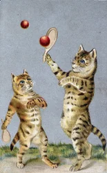 Gatos jugando al tenis - postal de principios del siglo XX