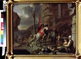 ""Jinetes llegando a una posada en el camino"" (Jinetes en una taberna) Los mendigos se instalan frente a la entrada. Pintura de la escuela francesa de la segunda mitad del siglo XVII. Museo Pushkin, Moscú