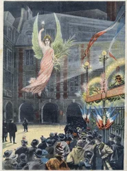 Celebración del centenario del nacimiento del escritor francés Victor Hugo (1802-1885): el genio de la Renommee descendiendo sobre la casa del poeta, Place des Vosges en París, en "Le Petit Parisien"