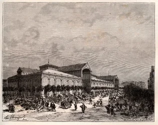 Mercados centrales en París en el siglo XIX - grabado en “La France illustrée: géographie, histoire, administration statistique” por V.A. Malt-Brown. 1884