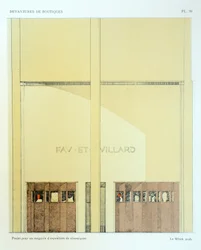 Sala de exposición de cerámica, lámina 20, ilustración de Devantures de Boutiques de Louis-Pierre Sezille, París, 1927